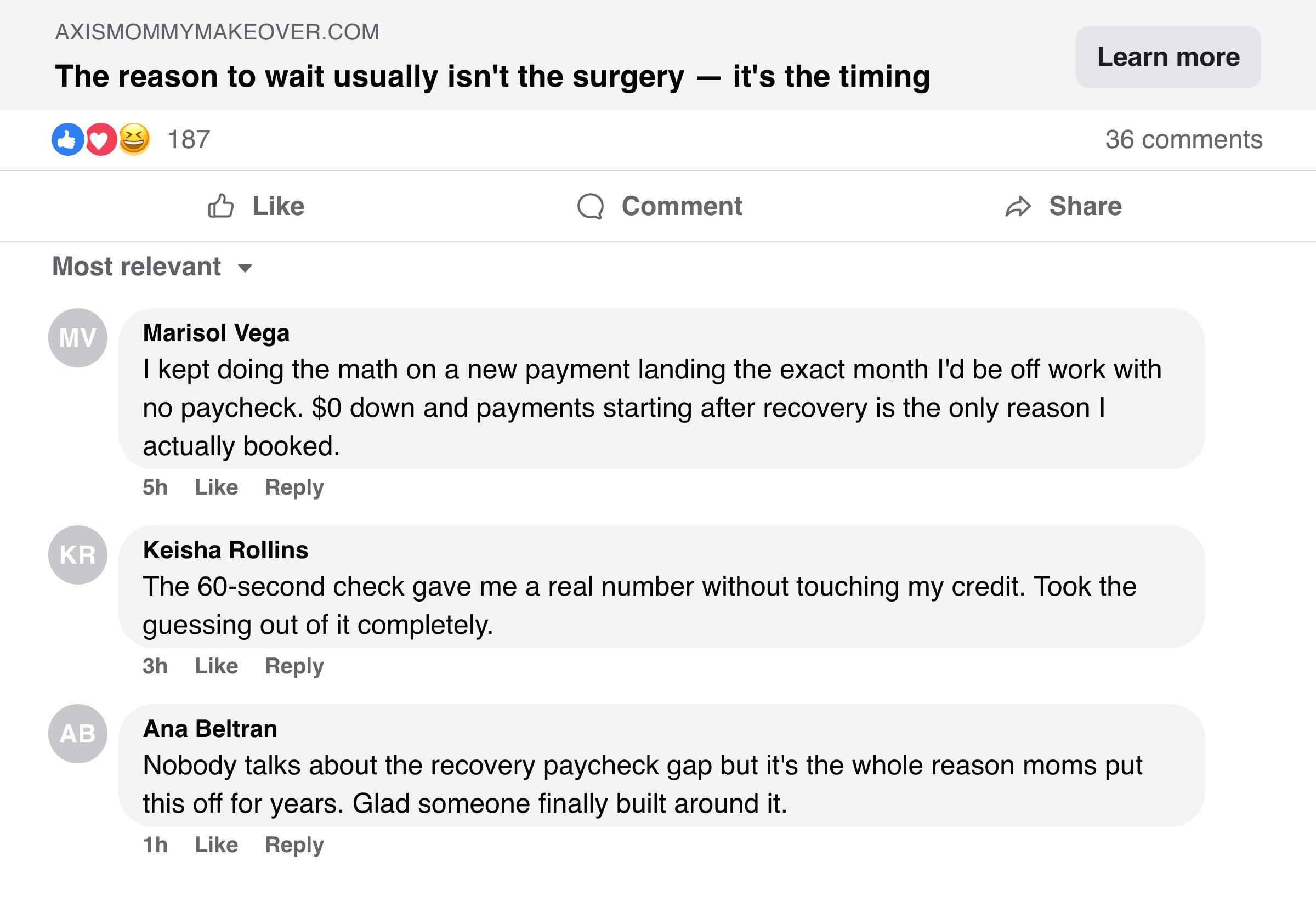 Facebook comments from moms about the recovery paycheck gap and $0-down reservation