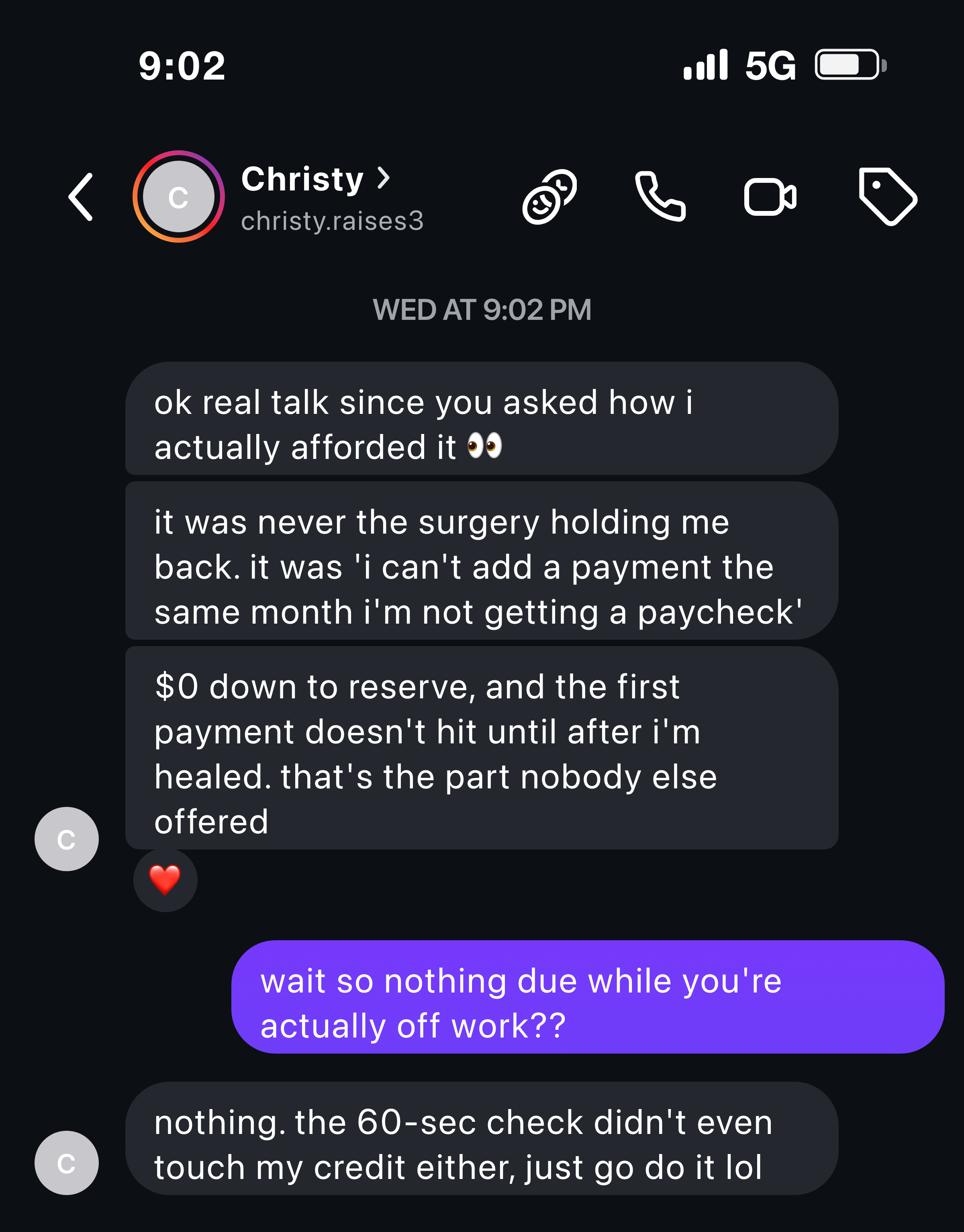 Instagram message from a mom about $0 down and payments starting after she healed