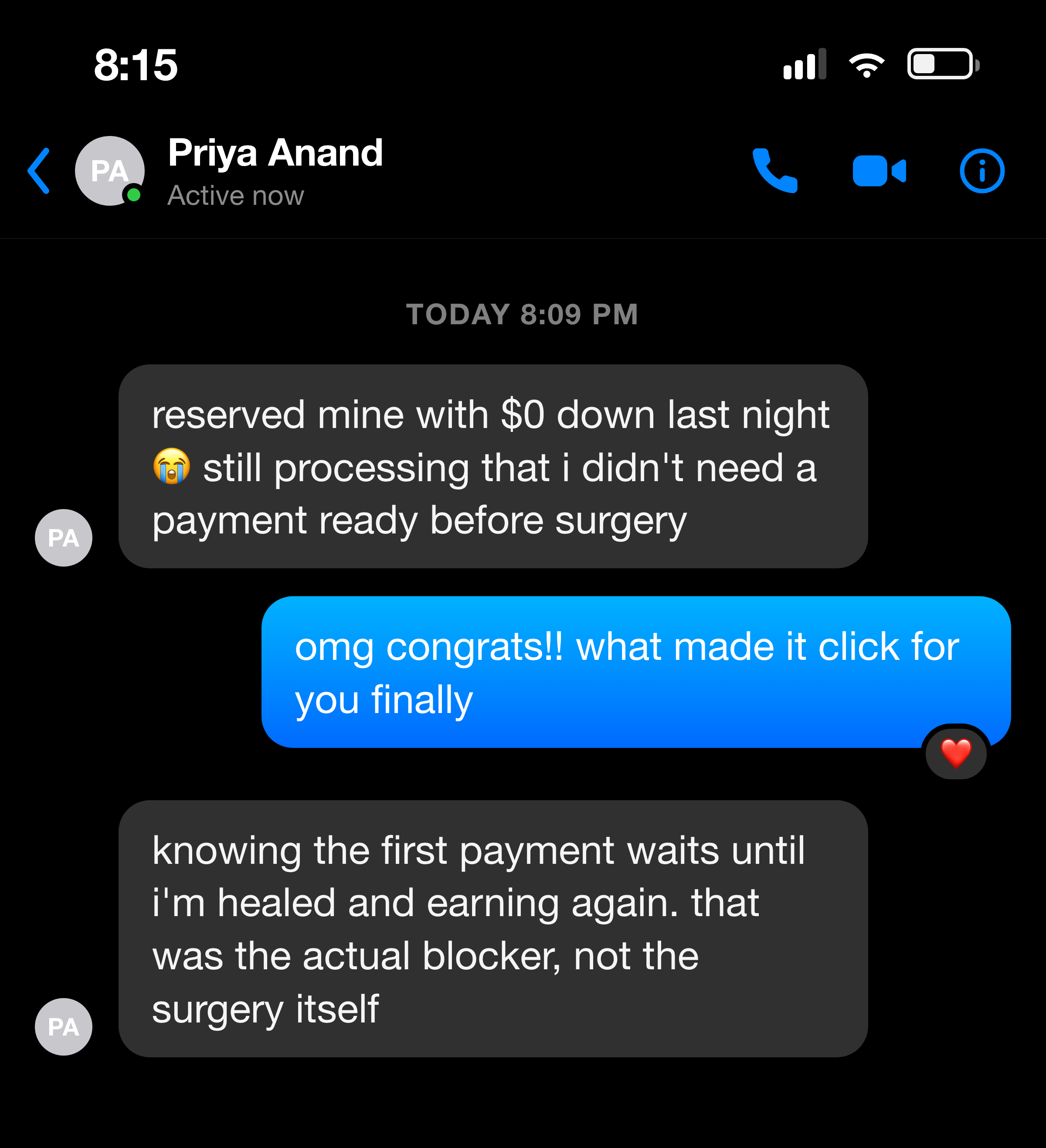 Messenger note from a mom who reserved with $0 down