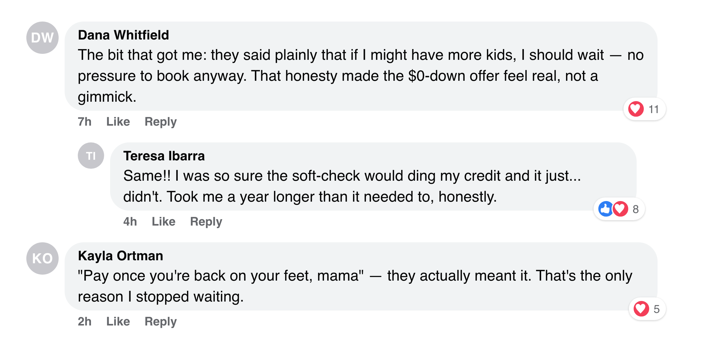 Facebook comment thread of mothers sharing how the honest financing timing won their trust