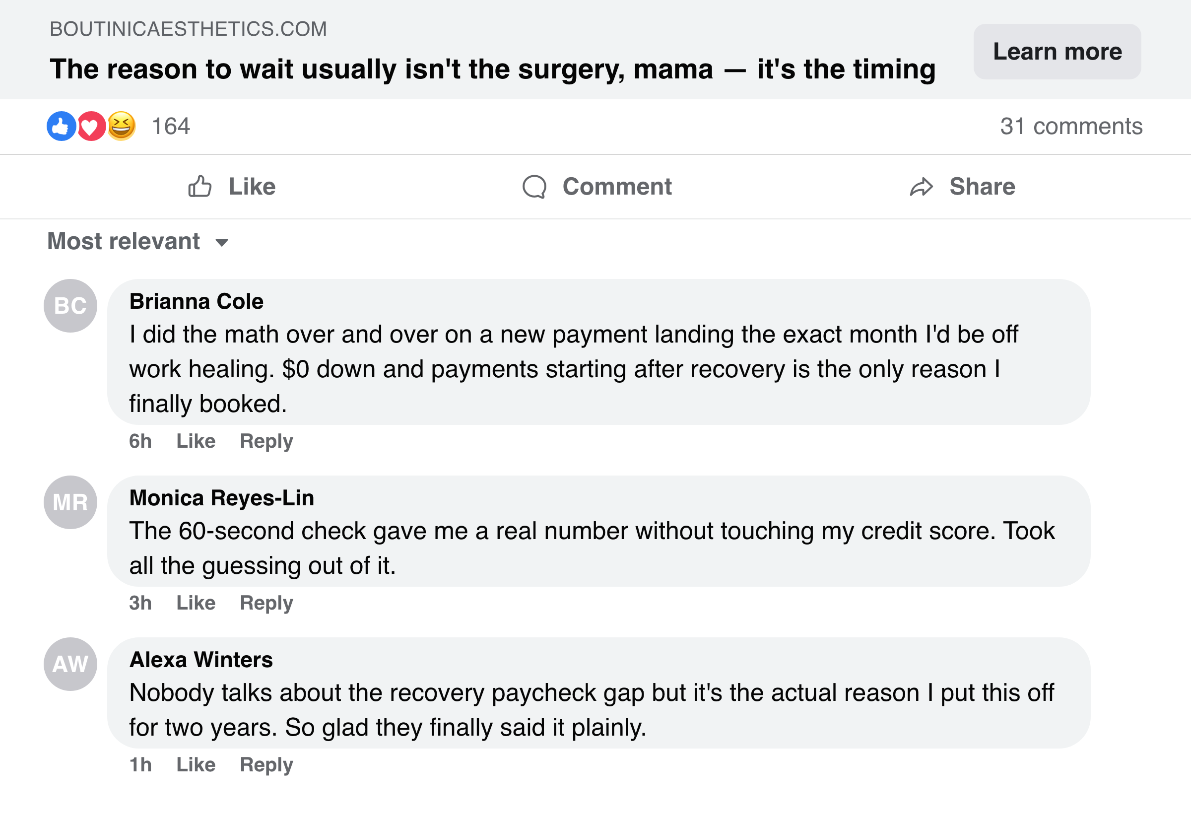 Facebook post about the reason to wait usually being the timing, not the surgery, with mom comments