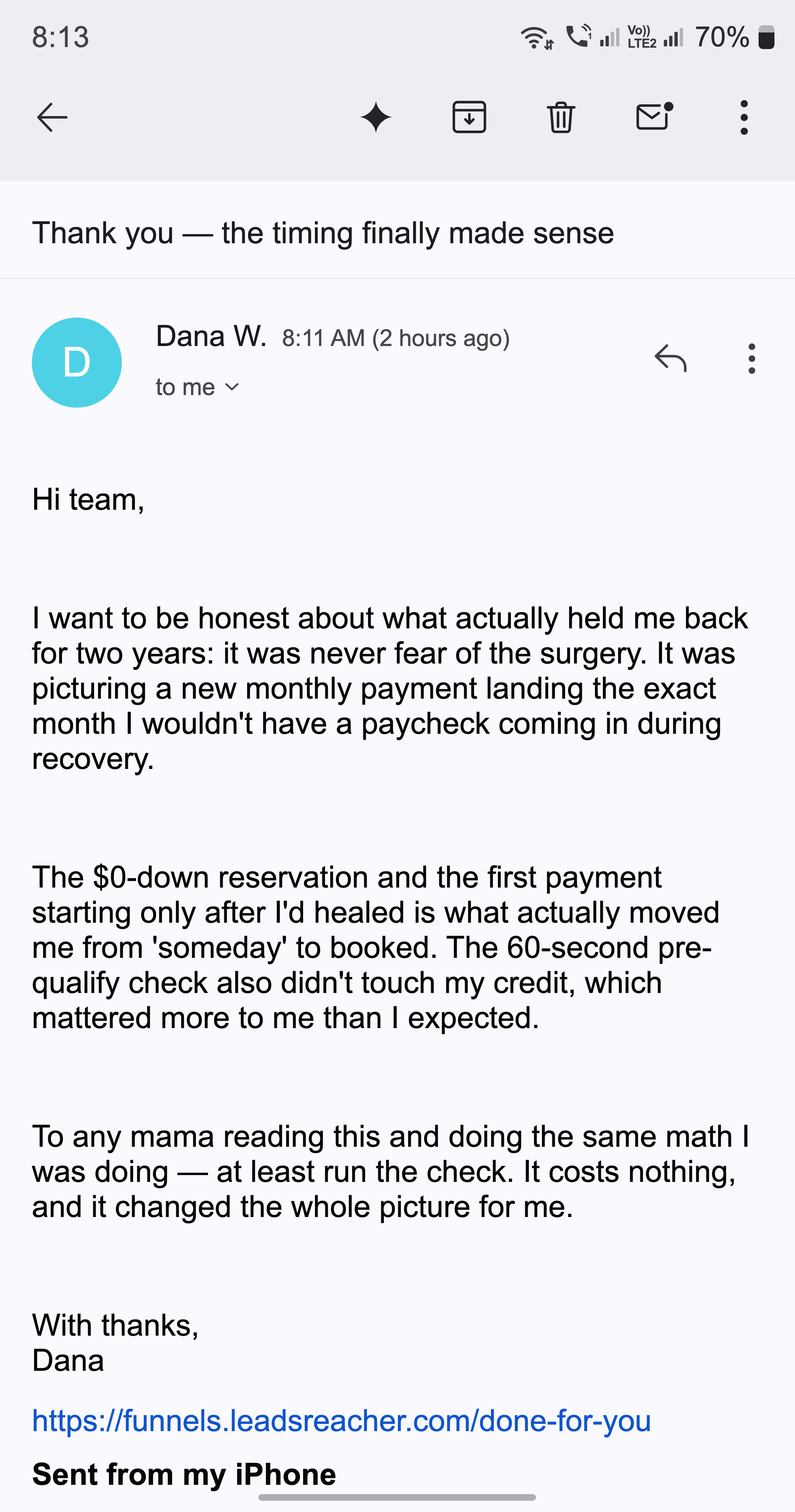 A thank-you email from a mother about the timing and financing finally making sense
