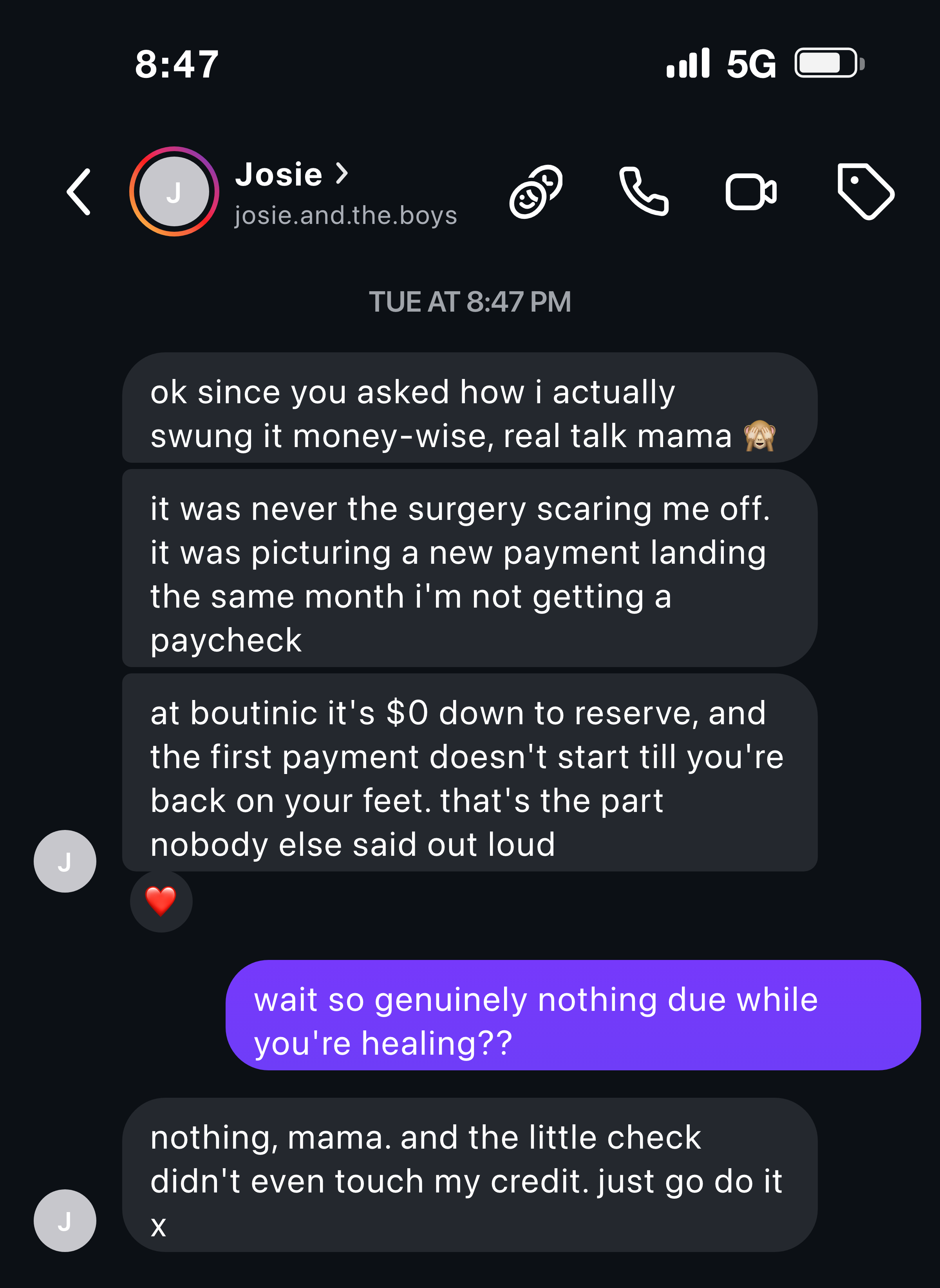 Instagram message from a mom friend explaining how $0 down and payments after healing made it possible