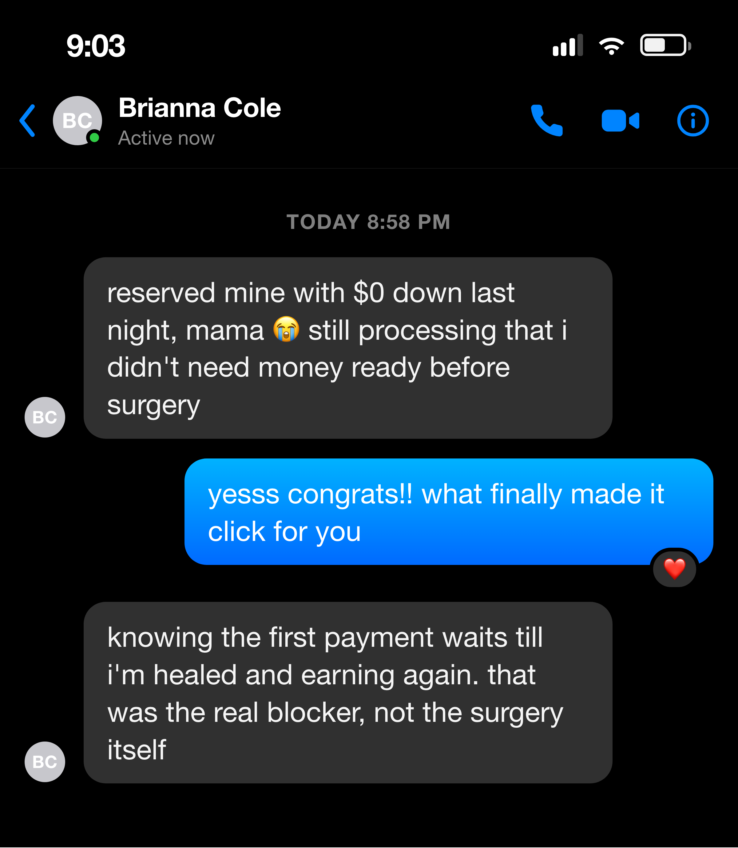 Messenger note from a mother who reserved her spot with $0 down