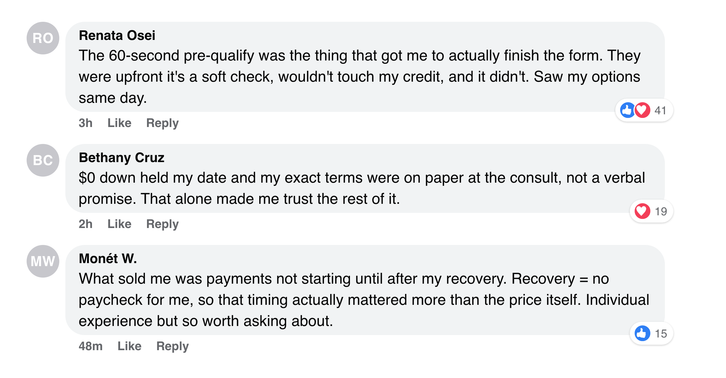 Facebook comments from moms about the 60-second pre-qualify check and the terms in writing