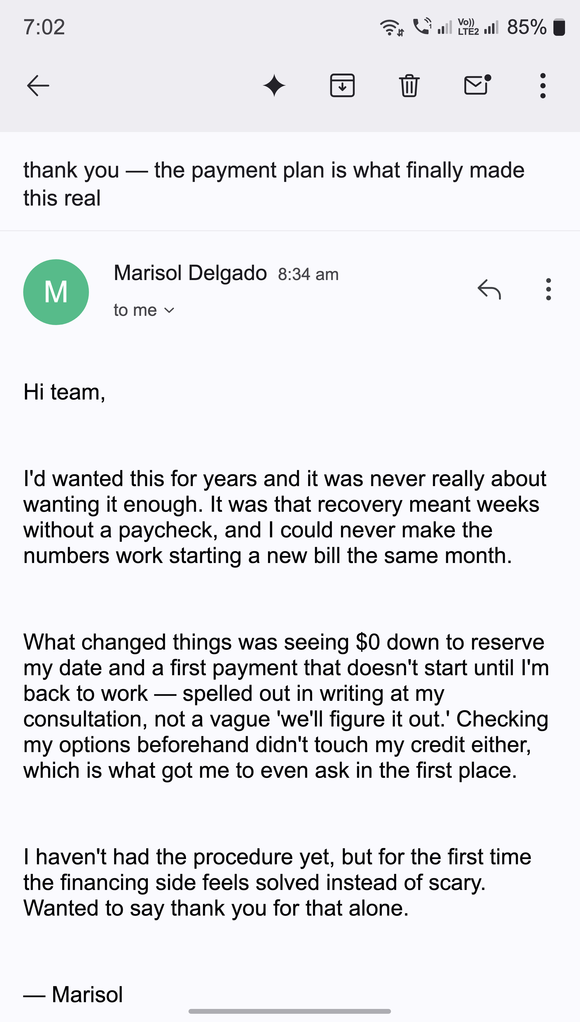 A thank-you email from a mom about the payment plan finally fitting her budget