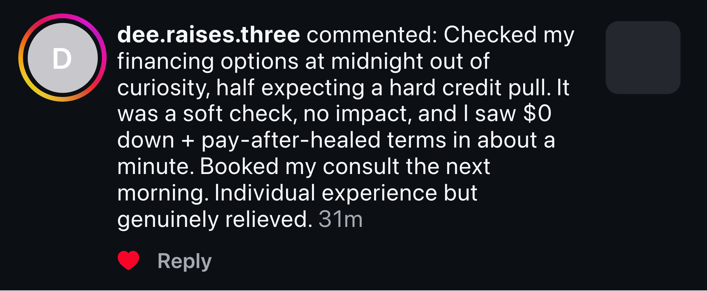 Instagram message from a mom relieved that checking her financing options didn't affect her credit