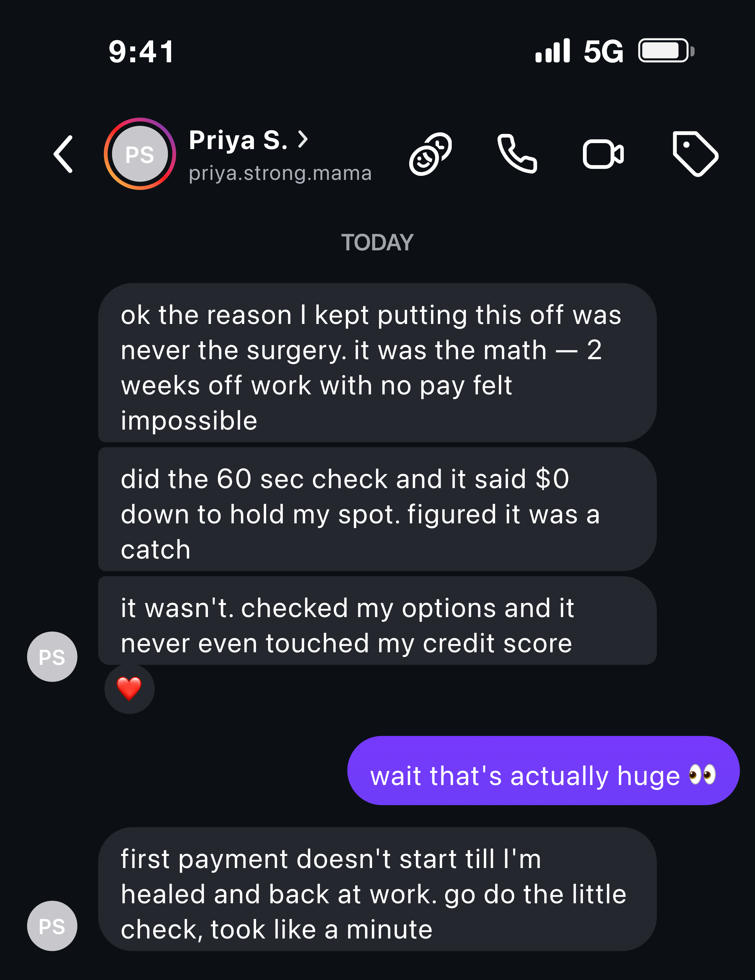 Instagram message from a mom about the zero-down reservation and no credit impact