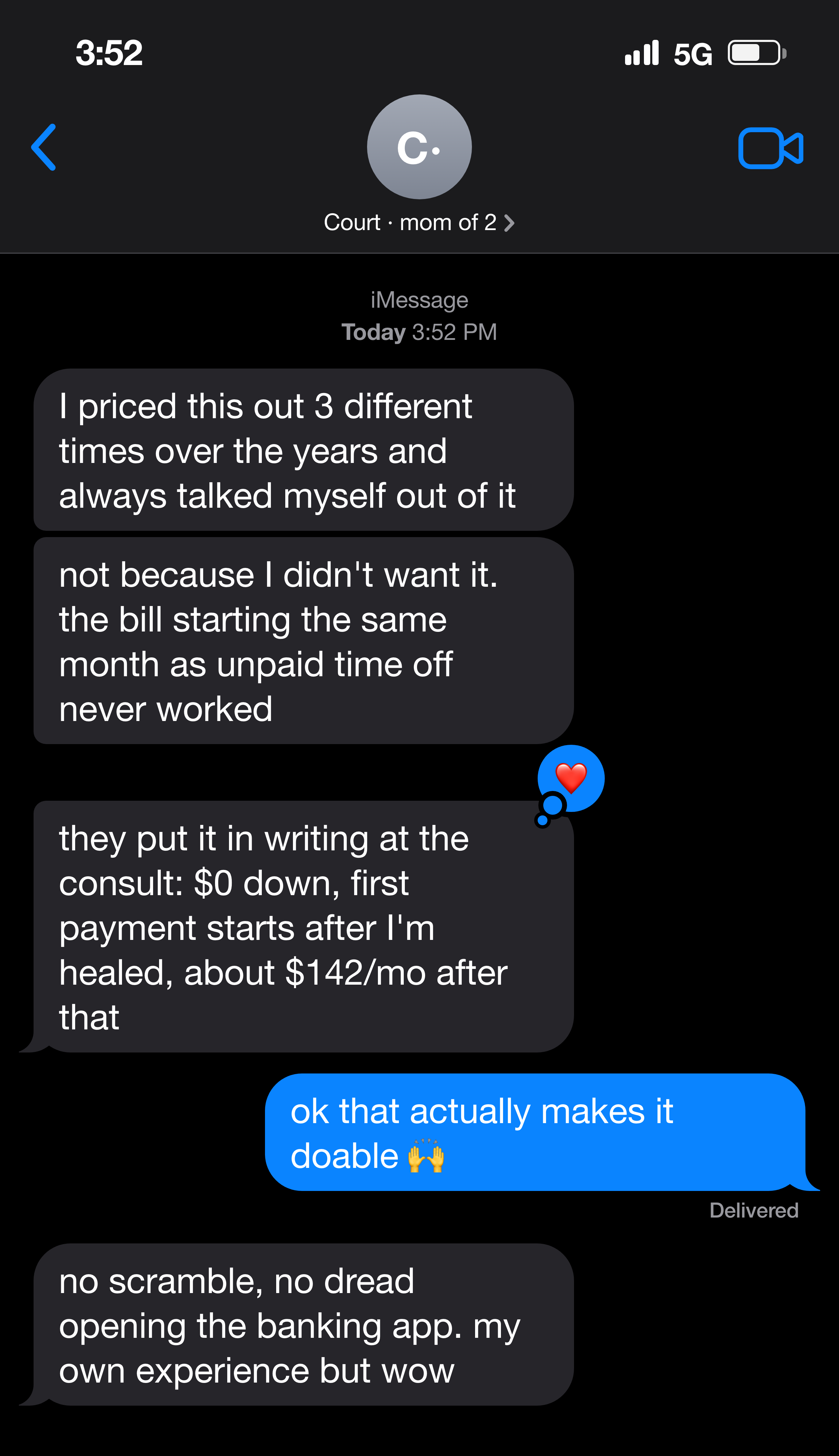 Text message from a mom about her first payment starting after her recovery