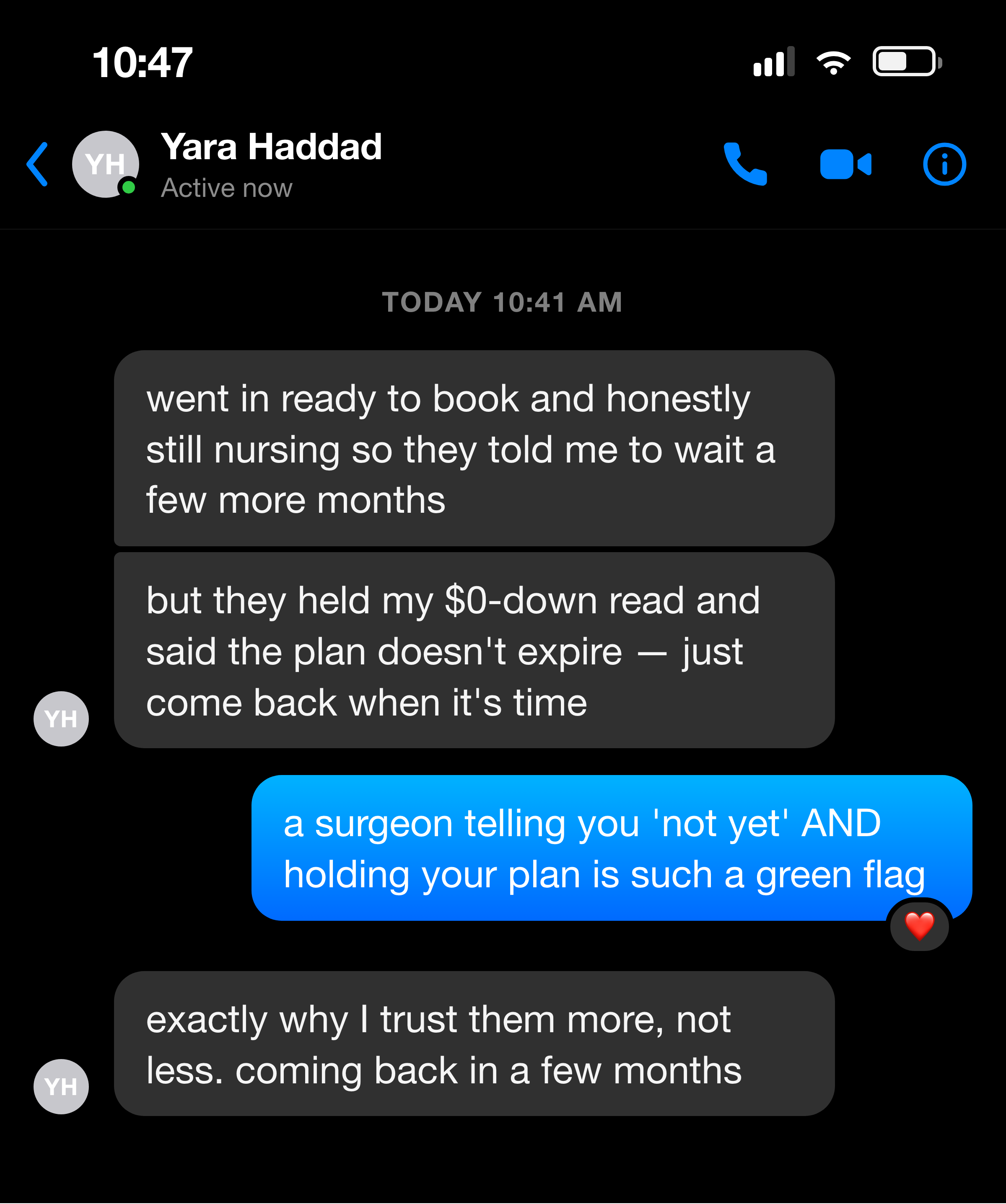 Messenger note from a mom who was told honestly to wait, with her plan held for later