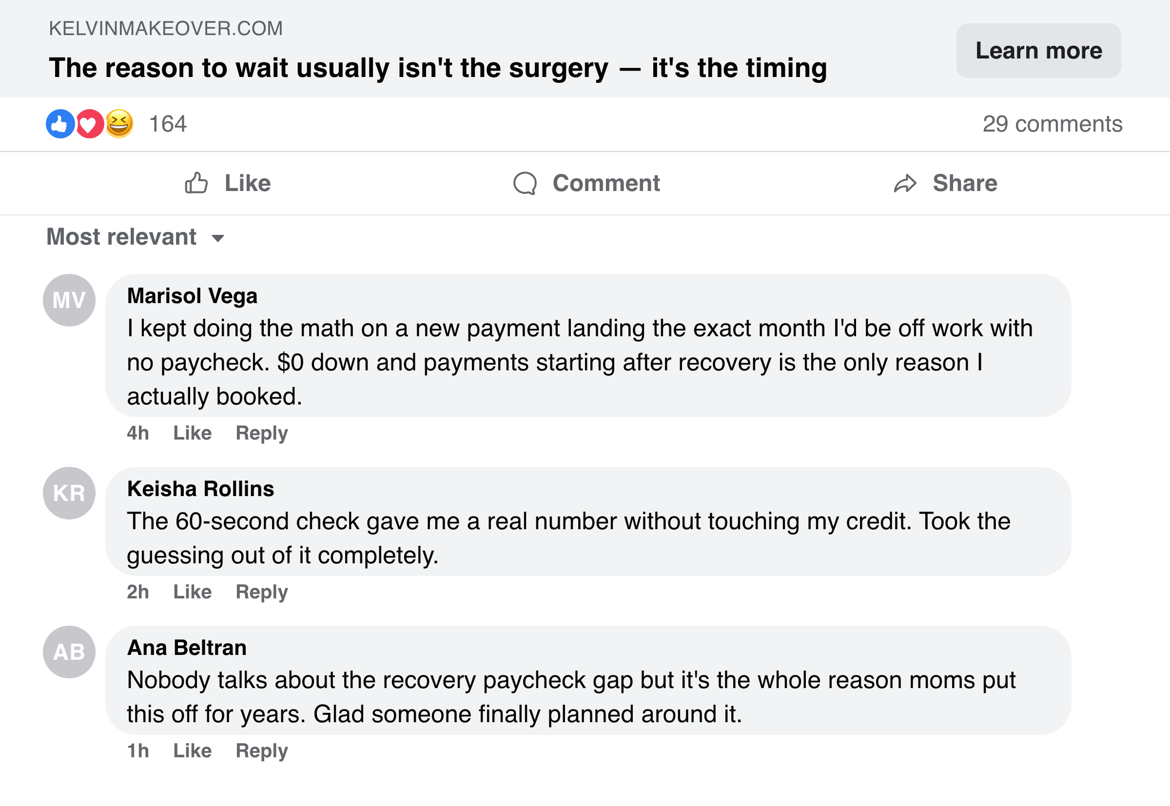 Facebook comments from mothers about the timing, not the surgery, being the real blocker