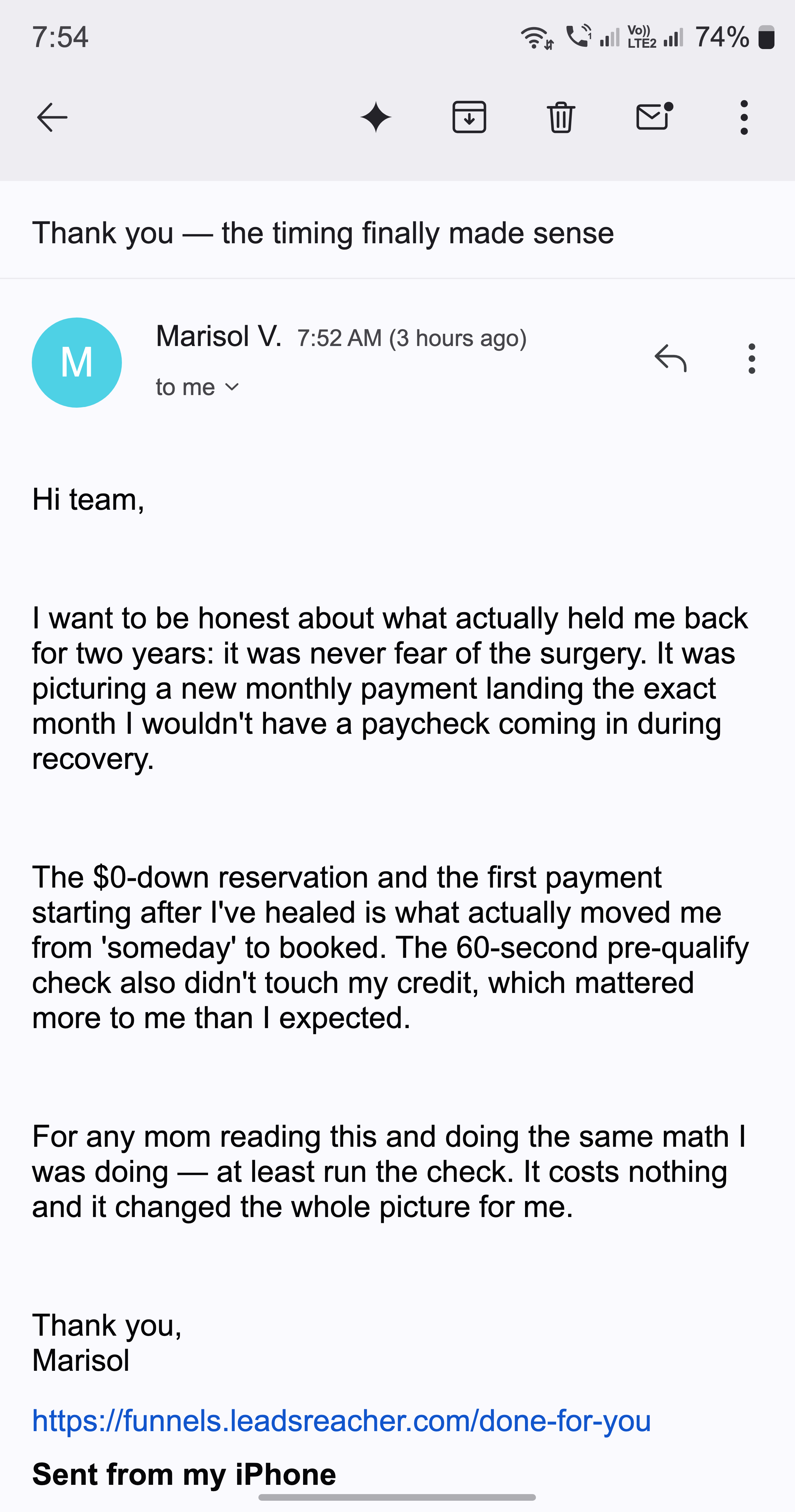 A thank-you email from a mother about the timing finally making sense