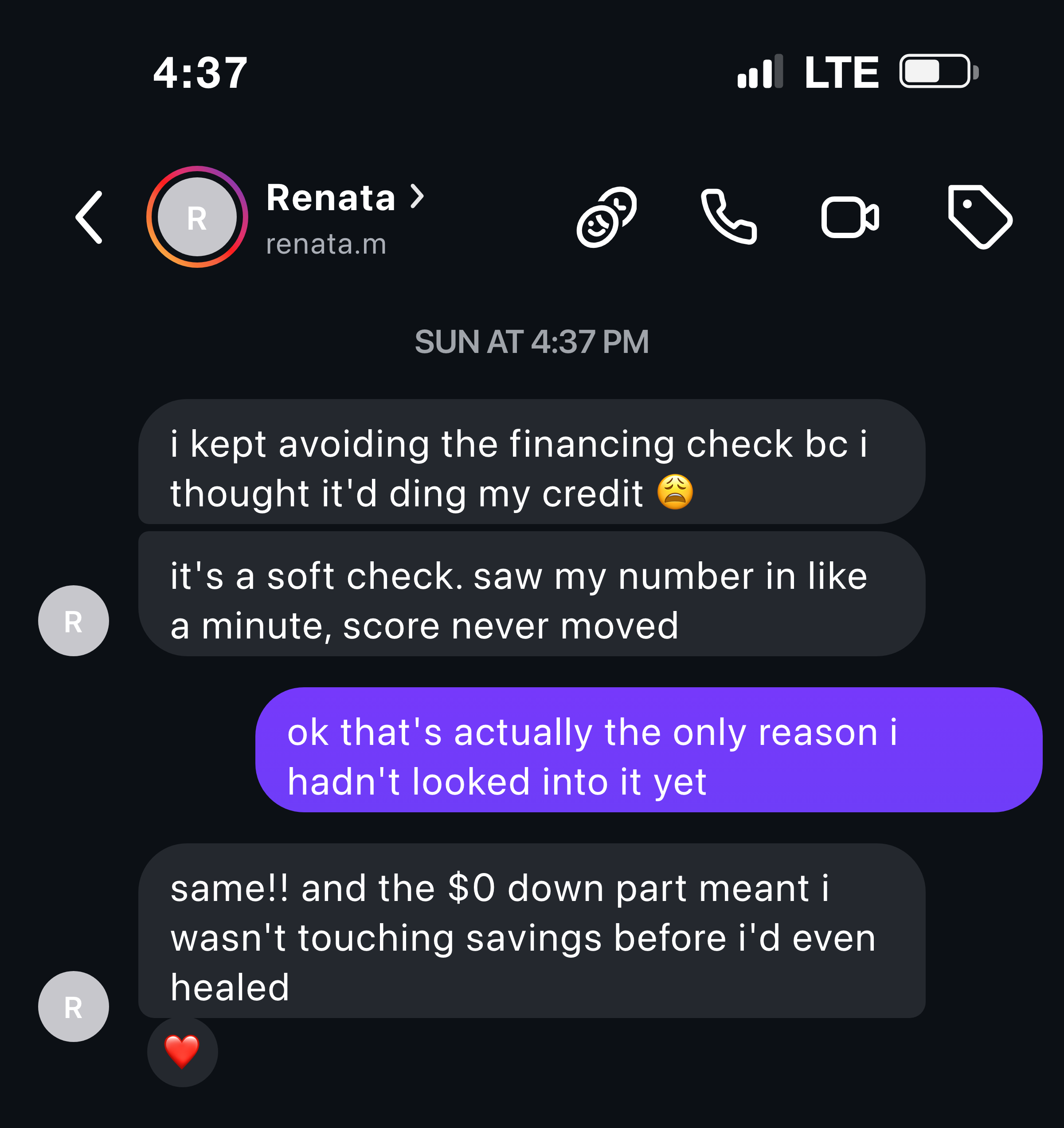 Instagram message from a mother about the soft credit check never moving her score