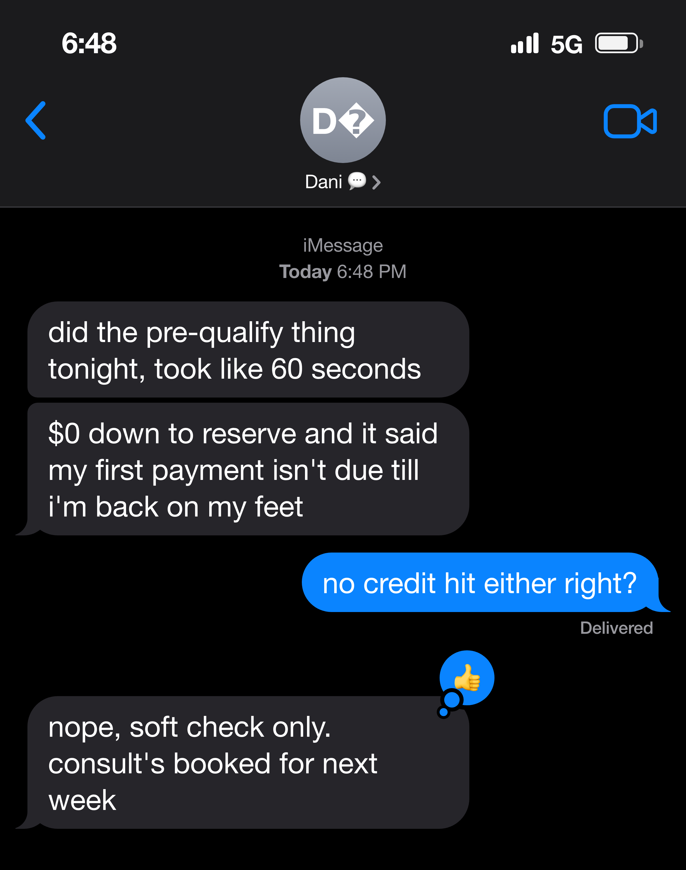 Text message from a mother about pre-qualifying in 60 seconds with no credit impact