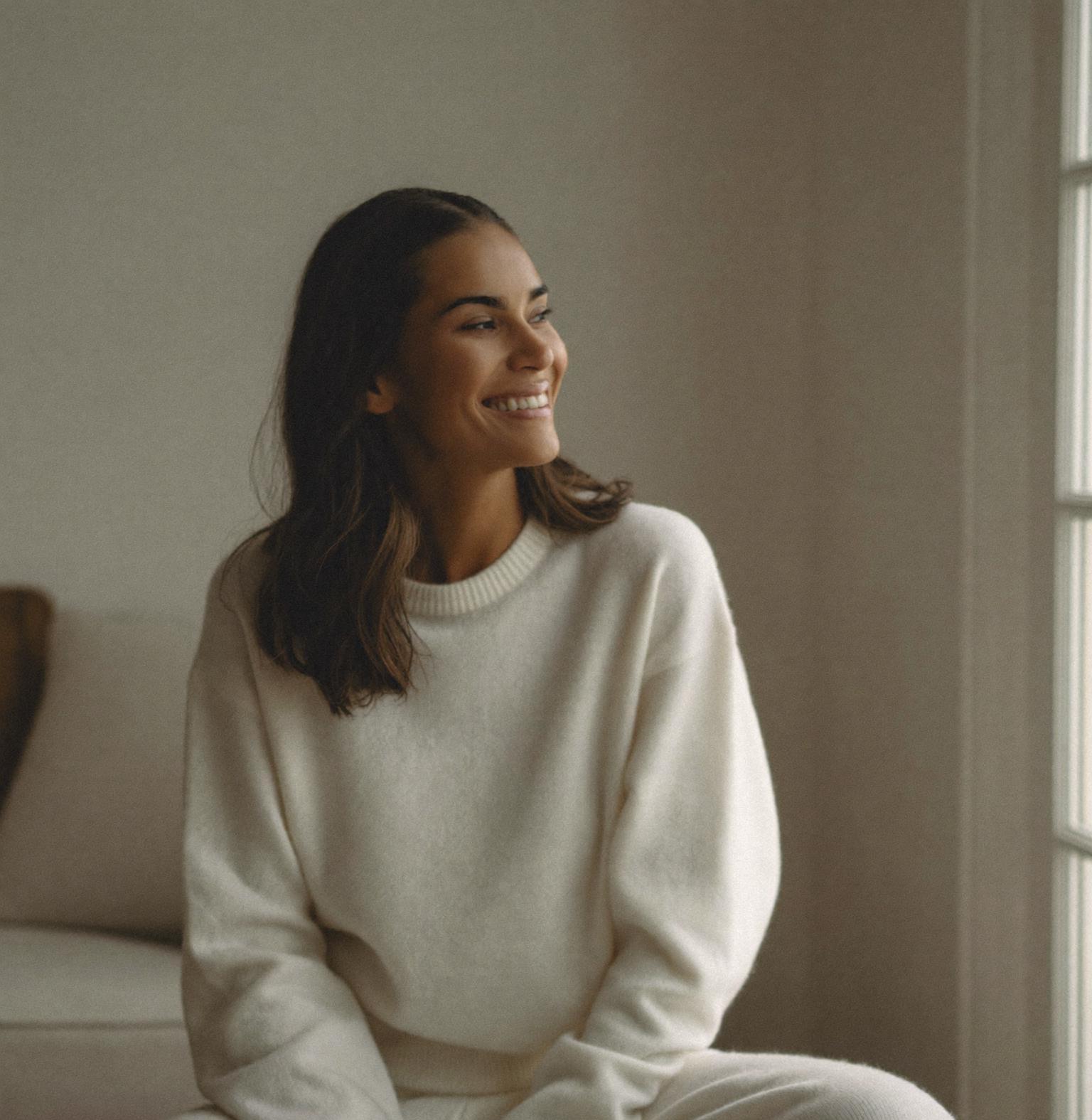 A mother at home, at ease and relieved, no longer carrying the weight of a financial decision