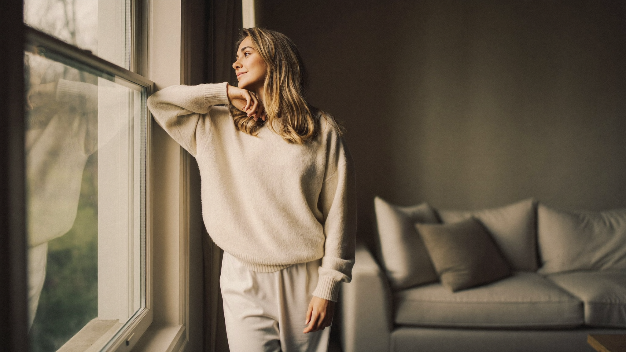 A mother at ease by a window at home, unhurried about the decision ahead of her