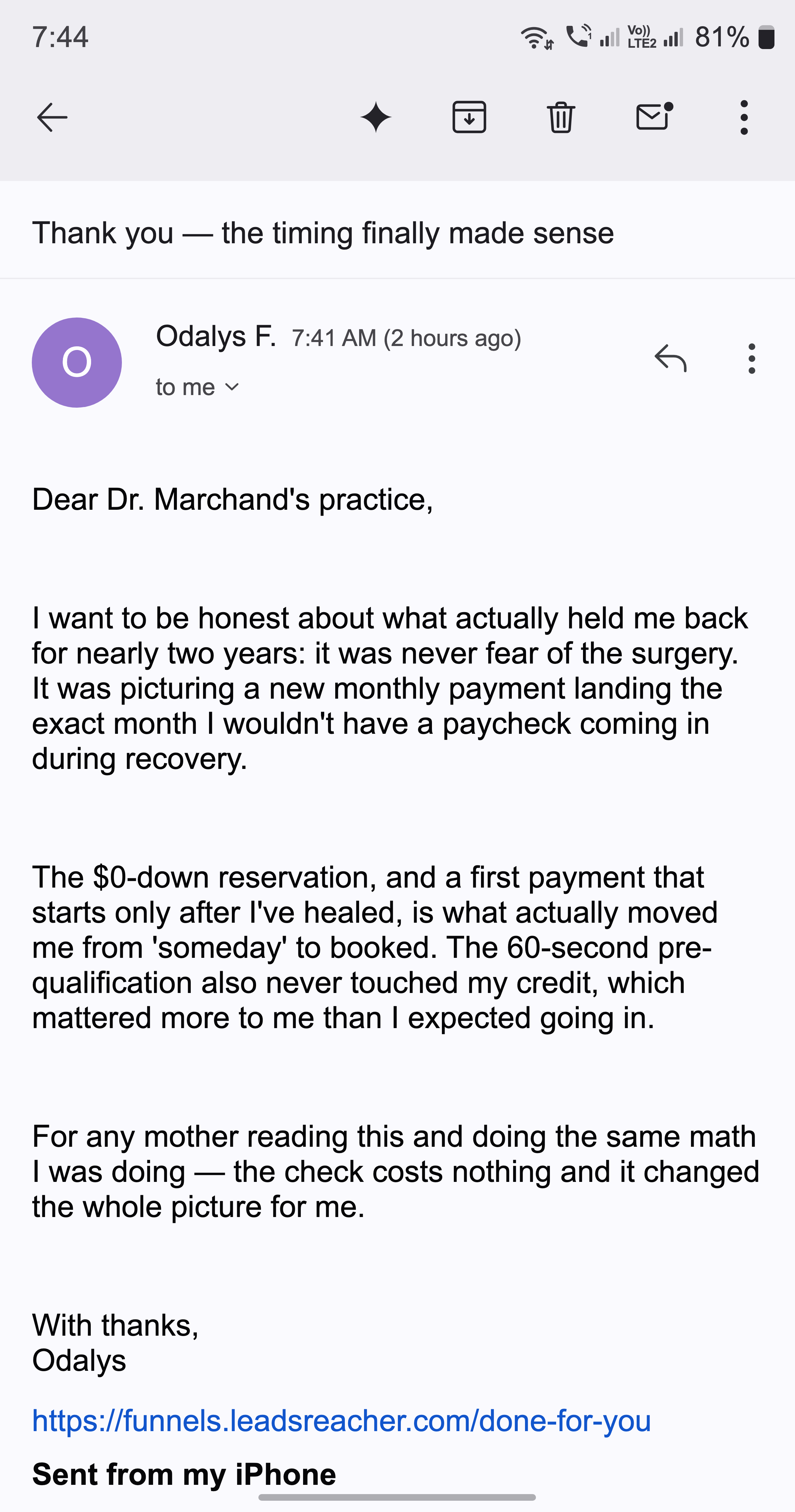 A thank-you email from a mother about the timing finally making sense