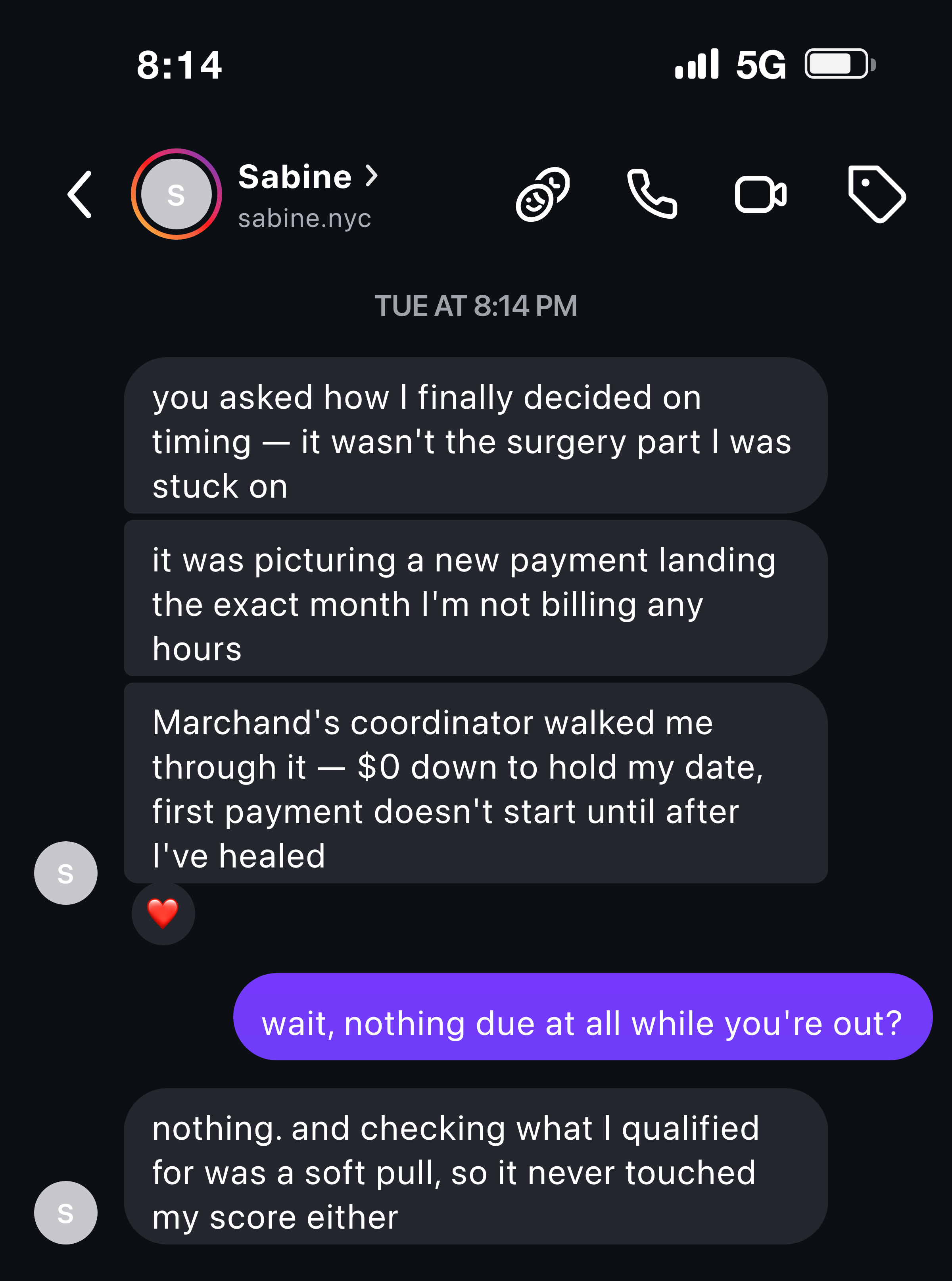 Instagram message from a mother about $0 down and payments starting after she healed