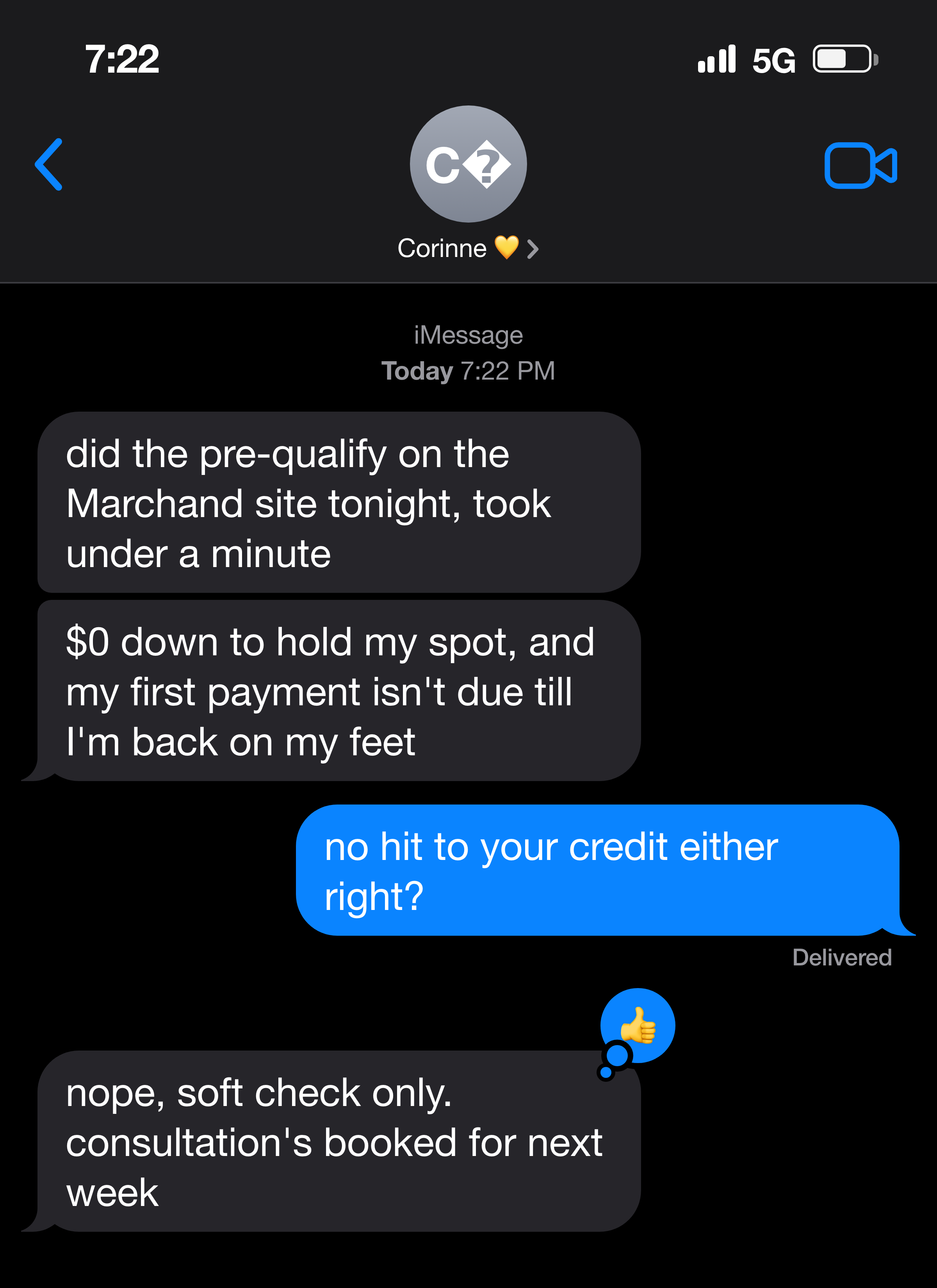 Text message from a mother about pre-qualifying in under a minute with no credit impact