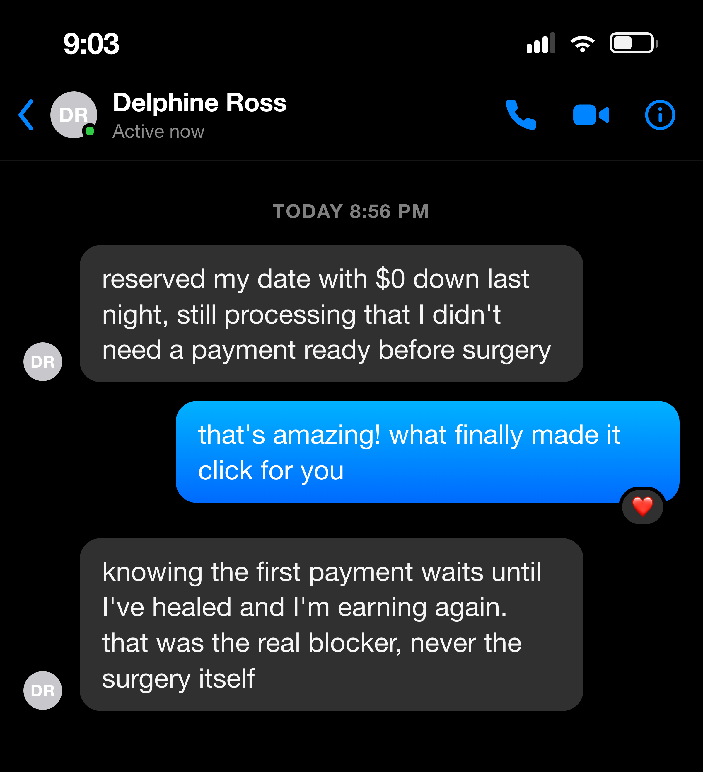 Messenger note from a mother who reserved her date with $0 down